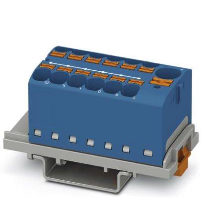 Blauer Steckverbinder mit orangefarbenen Klemmen auf grauer Halterung. Verwendet für elektrische Verbindungen in elektronischen Geräten.