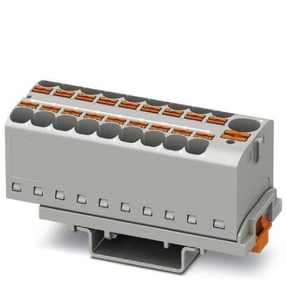 Mehrpoliger, grauer elektrischer Anschlussblock mit orangefarbenen Hebelklemmen, montierbar auf DIN-Schiene.