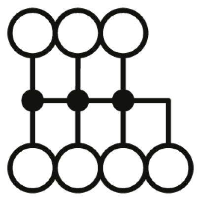 Ein Diagramm in Form eines stilisierten Absperrbandes mit sechs Kreisen oben und unten, verbunden durch Linien.