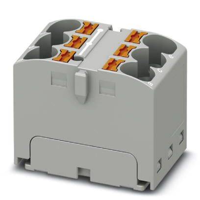 Ein graues elektrisches Anschlussklemmengehäuse mit sechs Kontaktstellen und orangefarbenen Hebeln, genutzt für Kabelverbindungen.