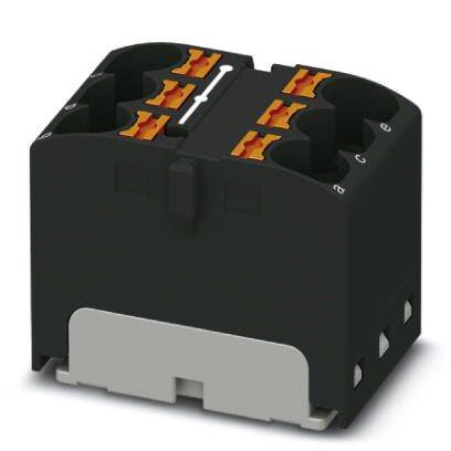 Ein schwarzes, rechteckiges elektrisches Bauteil mit mehreren orangefarbenen Anschlüssen, geeignet für die Verbindung elektronischer Komponenten.