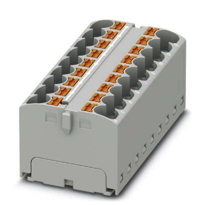 Ein grauer, rechteckiger Steckverbinder mit orangen Klemmen, geeignet für die Verkabelung in elektrischen Systemen.