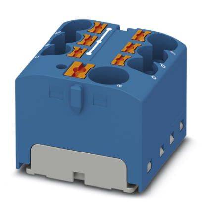 Ein blauer elektrischer Steckverbinder mit mehreren Eingangs- und Ausgangsanschlüssen und orangefarbenen Klemmen, zur Montage geeignet.