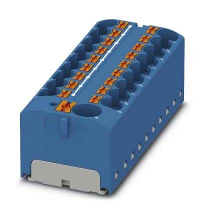 Ein blauer elektrischer Steckverbinder mit mehreren Anschlussklemmen in zwei Reihen, geeignet für den Einsatz in elektrischen Schaltschränken.