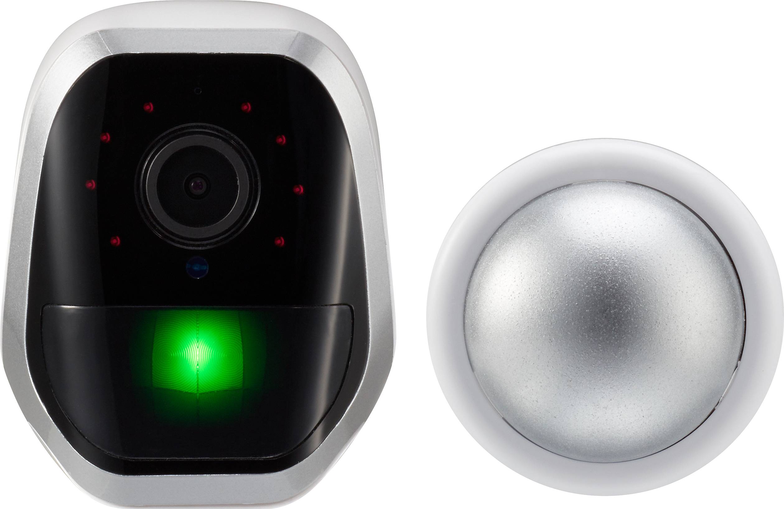 Digitale Türklingel mit Kamera und LED-Anzeige, neben einem runden, silbernen Klingelknopf.