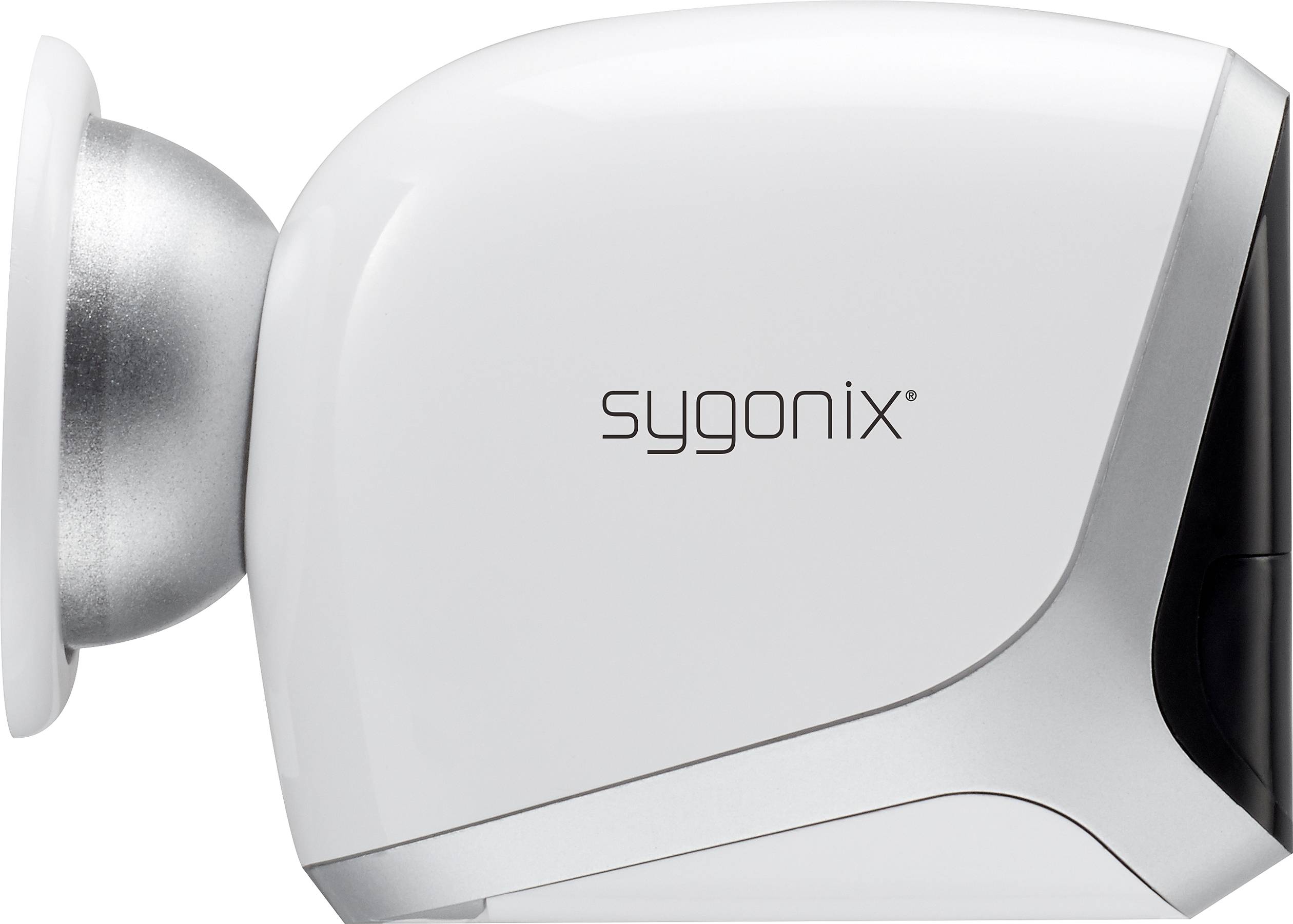 Weißes Sygonix-Sicherheitskamera-Gehäuse, seitliche Ansicht.