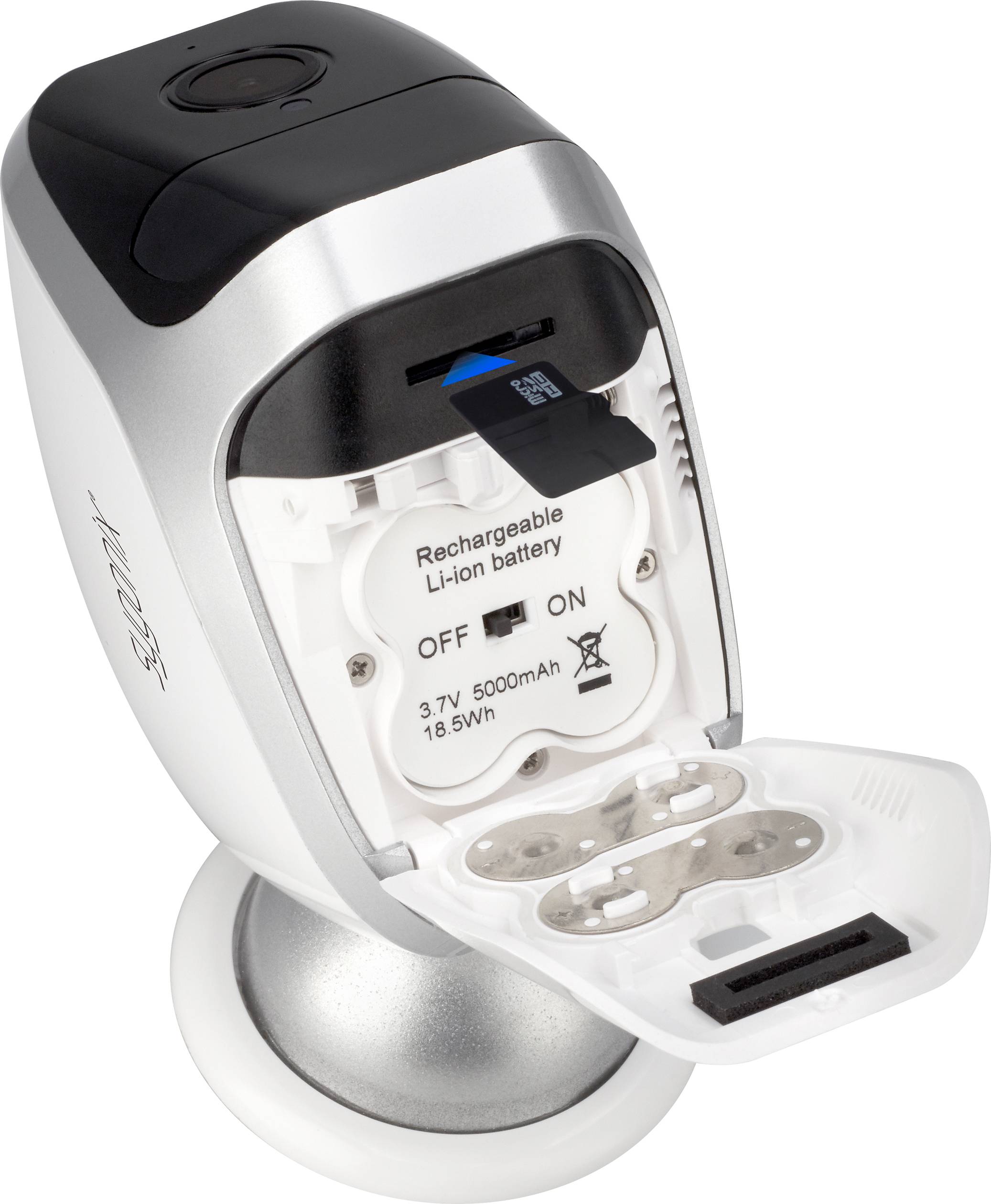 Ein Gerät mit offenem Batteriefach, zeigt einen entnehmbaren, wiederaufladbaren Lithium-Ionen-Akku mit Schalter für Ein/Aus.