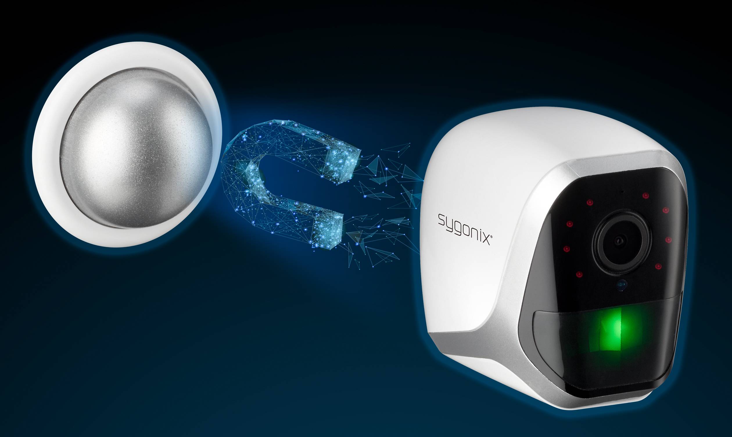 Abgebildet ist eine Sygonix-Überwachungskamera mit einem magnetischen Befestigungsmechanismus links daneben.