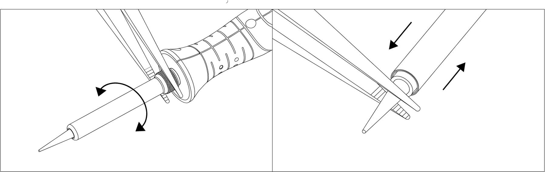 Anleitung zum Einsetzen einer Fahrradsattelstütze: Links Drehbewegung, rechts Einführen in das Rohr mit Pfeilen, die Richtung zeigen.