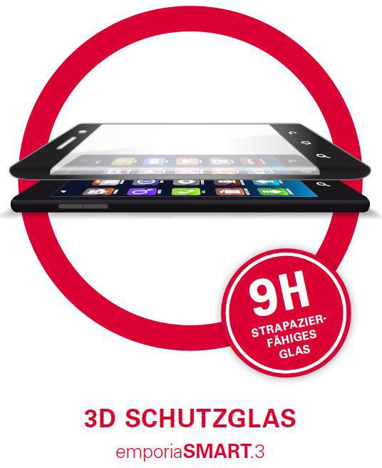 Darstellung von 3D Schutzglas für emporiaSMART.3. Starke Kratzfestigkeit mit 9H Härtegrad, schützt das Smartphone-Display.