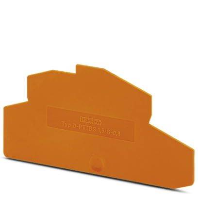 Ein orangefarbenes Endstück für eine Tragschiene, beschriftet mit 'Typ D-PTTBS 1,5/S-0,8', zur elektrischen Isolation in Schaltschränken.