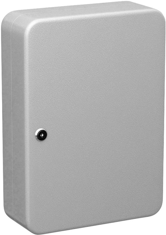 Grauer Metallkasten mit abgerundeten Ecken und einer kleinen schwarzen Schraube an der Vorderseite.
