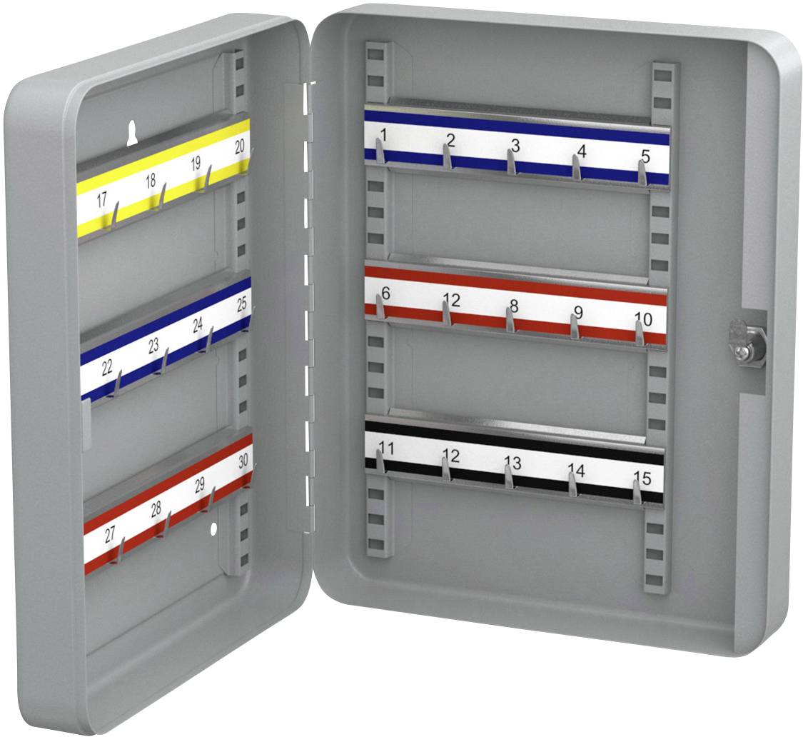 Geöffneter Schlüsselkasten mit nummerierten Haken in vier Reihen. Jede Reihe hat verschiedene Farbmarkierungen: gelb, blau, rot und schwarz.