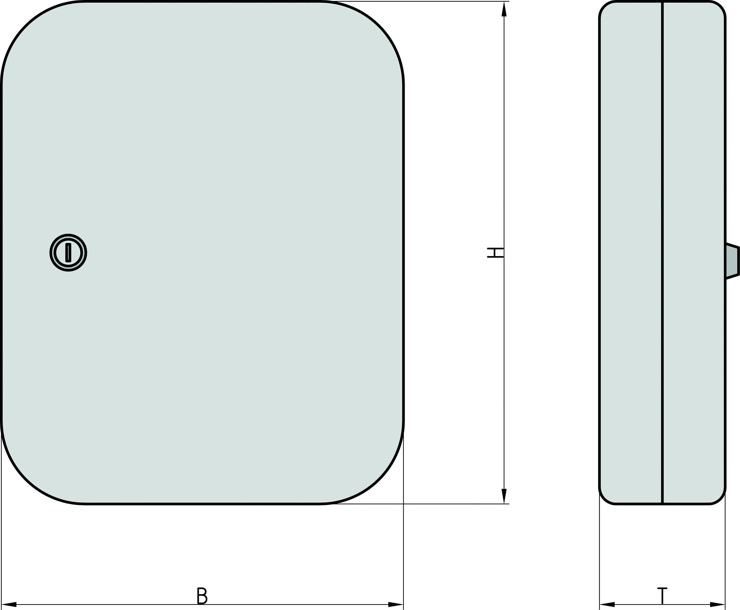 Eine zweidimensionale technische Zeichnung eines rechteckigen Kastens mit abgerundeten Ecken, inklusive Höhe (H), Breite (B) und Tiefe (T).