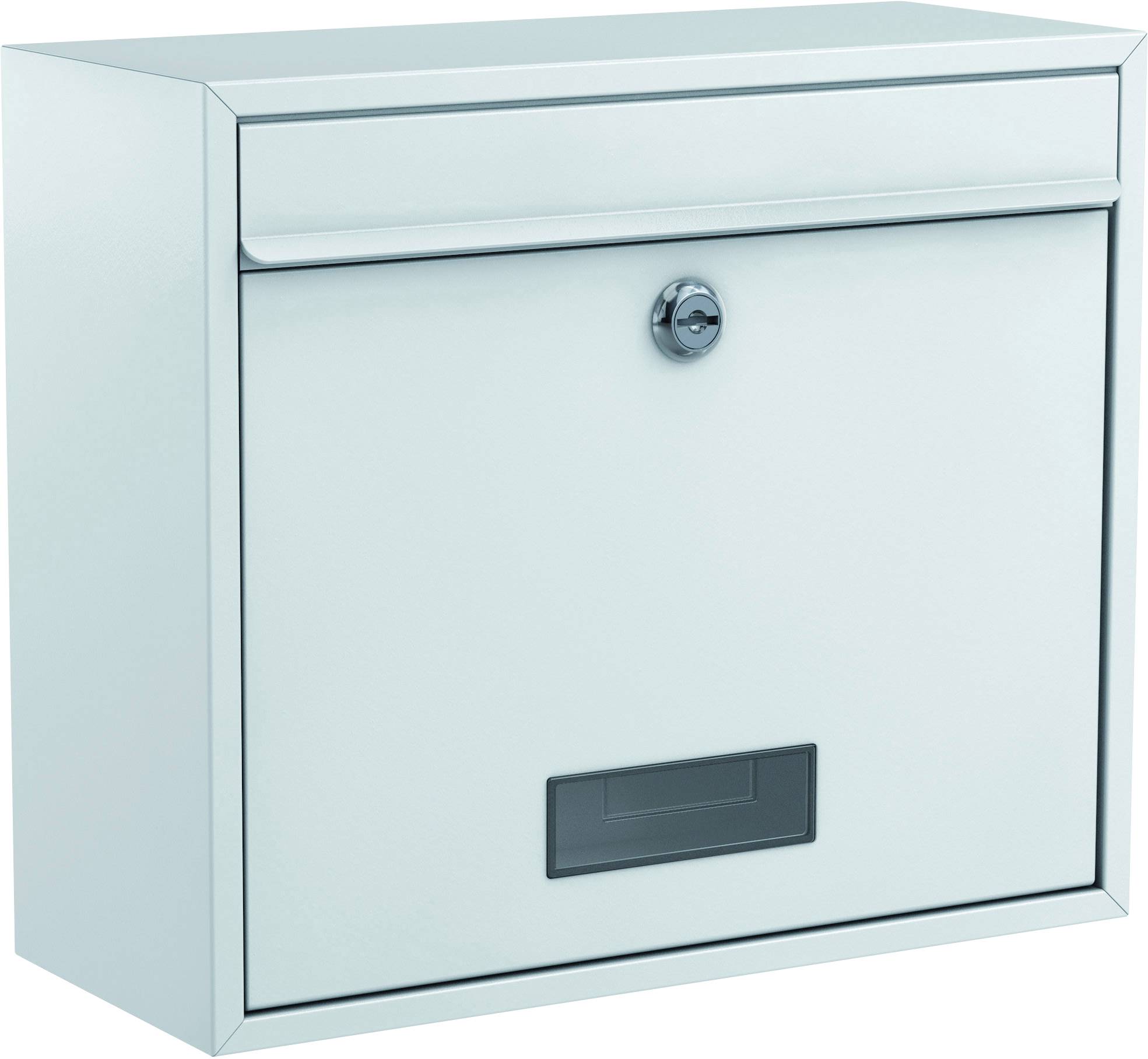 Ein silberner, rechteckiger Briefkasten mit einem Schloss und einem Sichtfenster unten, geeignet für den Außenbereich.