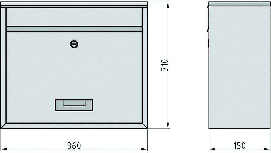 Zeichnung eines Briefkastens mit Maßen: Breite 360 mm, Höhe 310 mm, Tiefe 150 mm. Vorderansicht zeigt Einwurf und Schloss.
