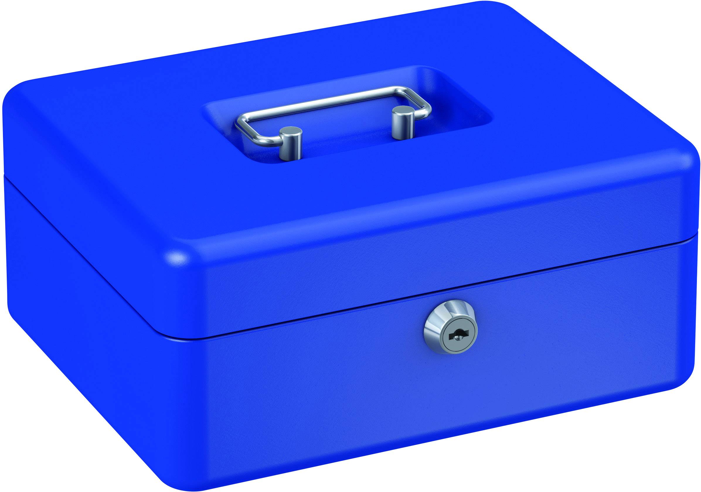 Blaue Geldkassette mit Tragegriff und Schloss auf der Vorderseite.