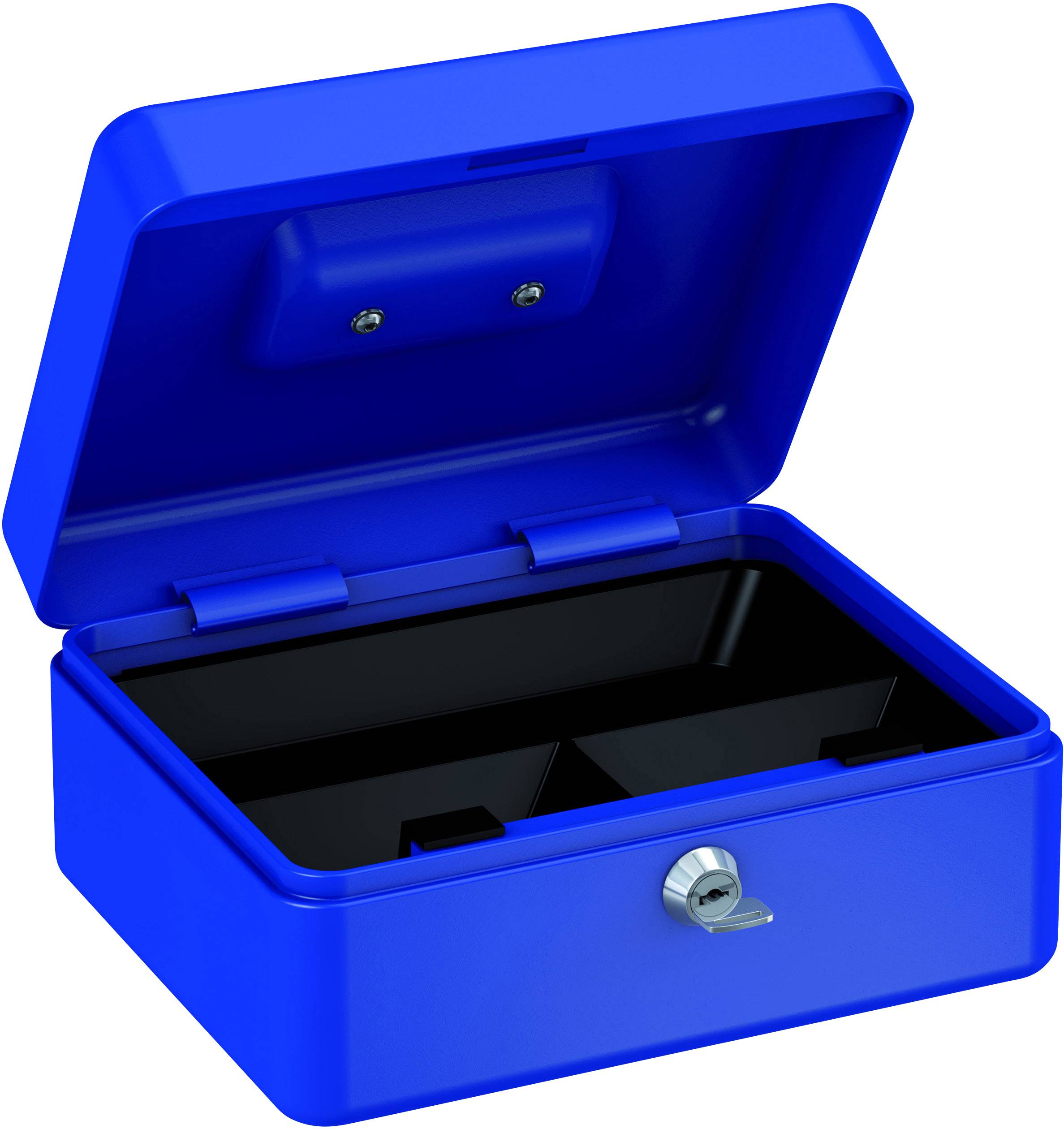 Blaue Metallkassette mit offenem Deckel, innen schwarz mit Fächern, vorne ein Schloss. Ideal für die Aufbewahrung kleinerer Gegenstände.