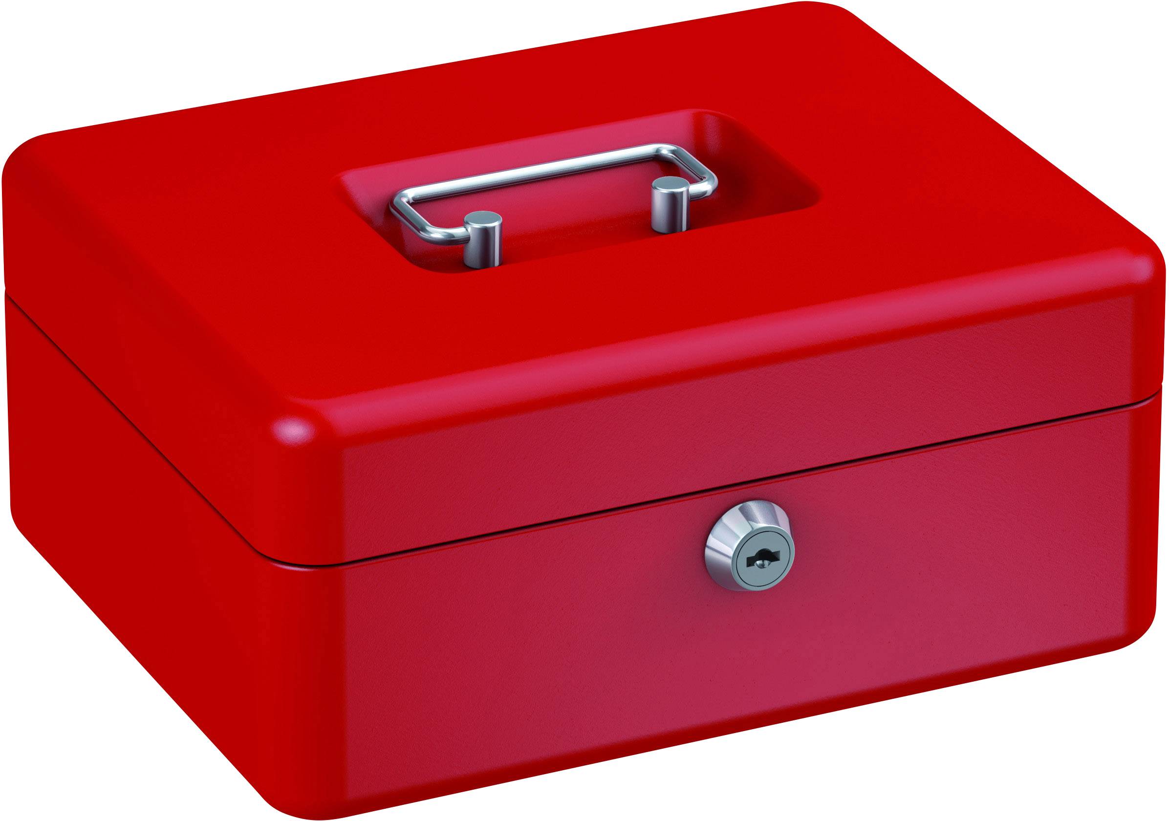 Rote Geldkassette mit Tragegriff und Schloss auf der Vorderseite, auf einer weißen Fläche dargestellt.