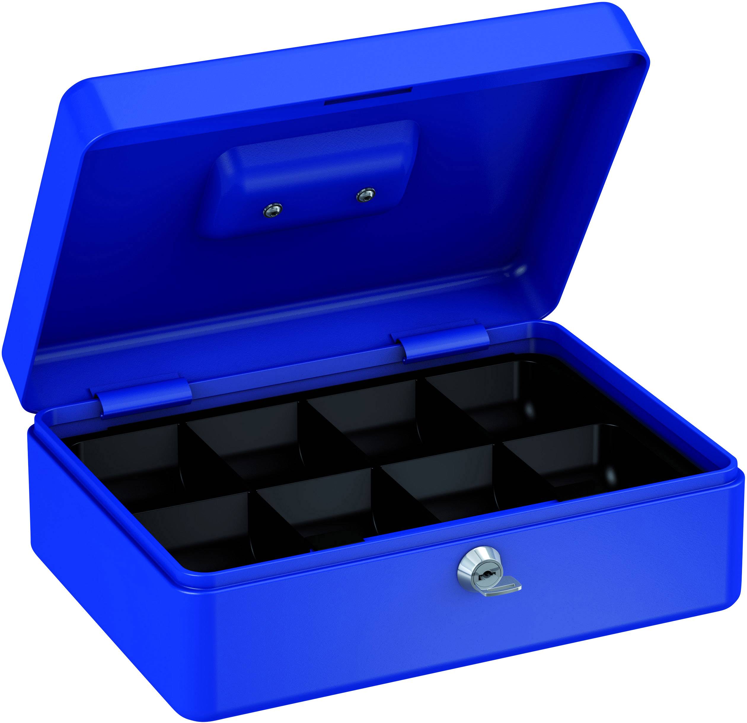 Blaue Metallkassette mit offenem Deckel, zeigt sechs leere Fächer und ein Schlüsselschloss an der Vorderseite.
