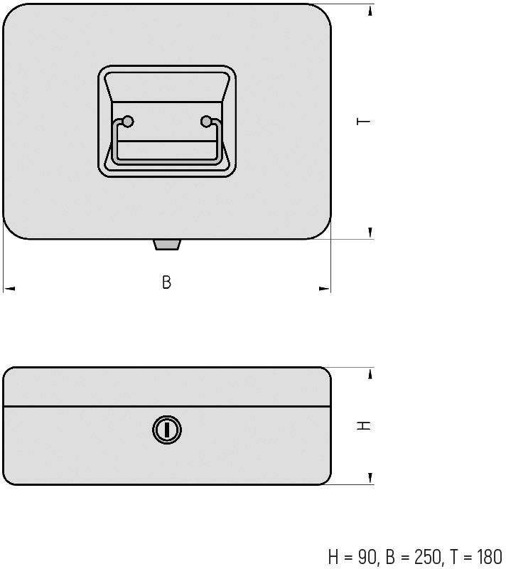 Technische Zeichnung eines rechteckigen Gehäuses mit den Maßen: Höhe 90 mm, Breite 250 mm, Tiefe 180 mm. Griff und Schloss sichtbar.