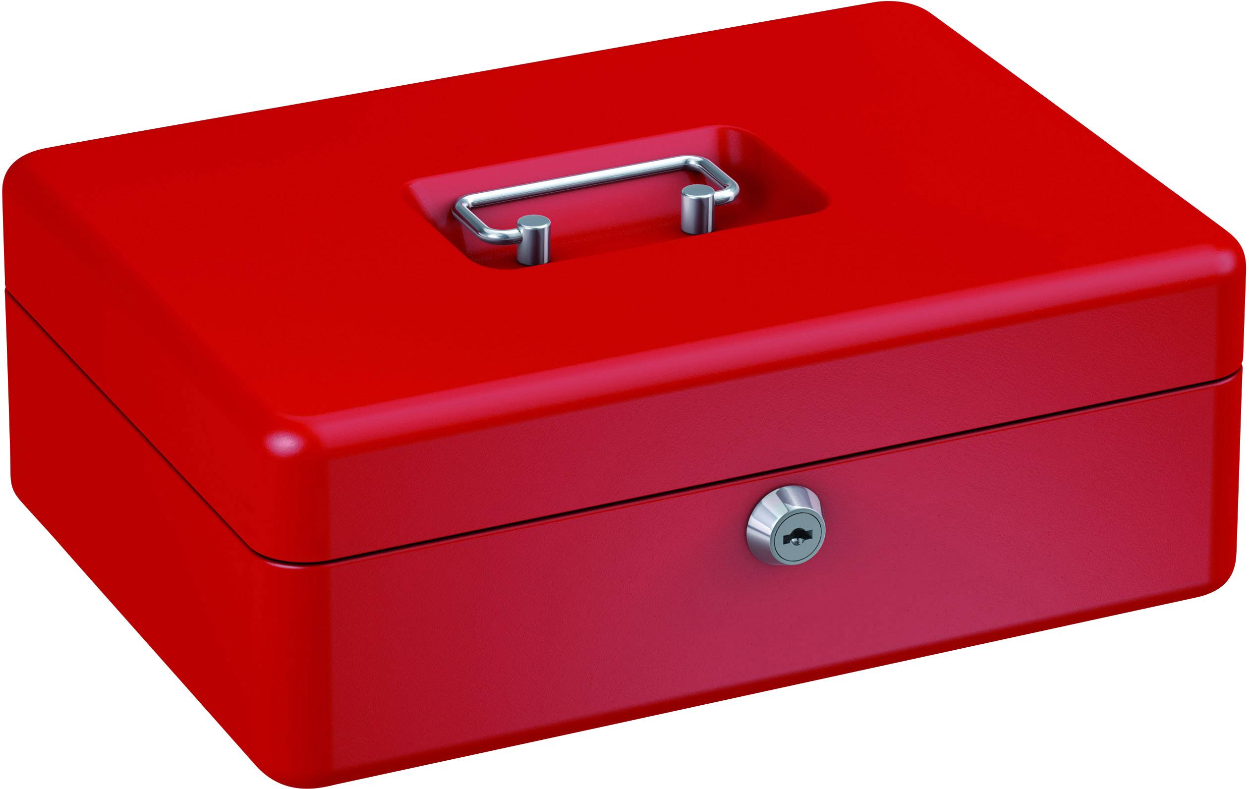 Rote Geldkassette mit Schloss und Griff auf der Oberseite, geschlossen.