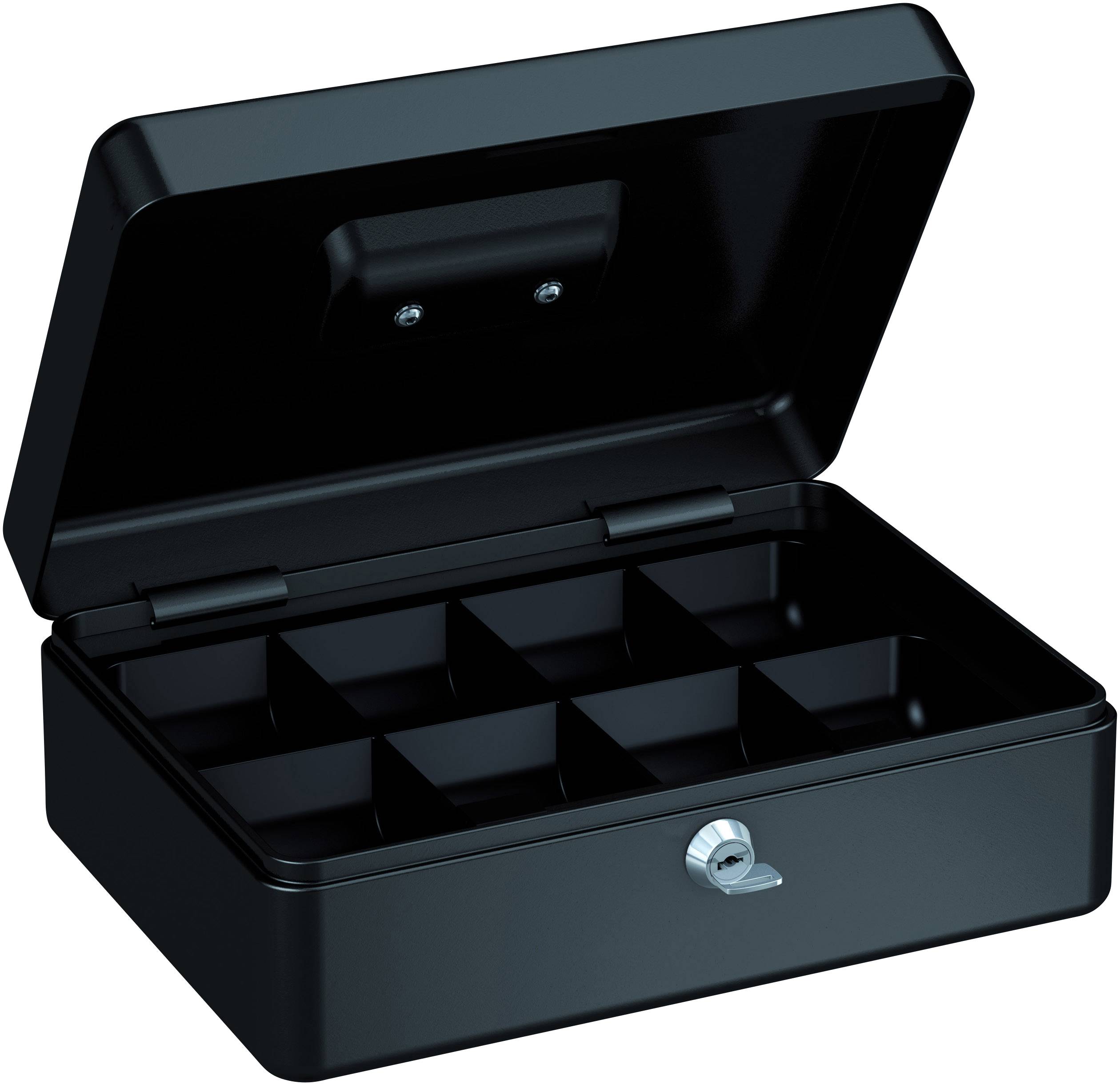 Schwarze Geldkassette aus Metall, geöffnet, zeigt sechs separate Fächer und ein Schloss an der Vorderseite. Ideal zur Aufbewahrung von Geld.