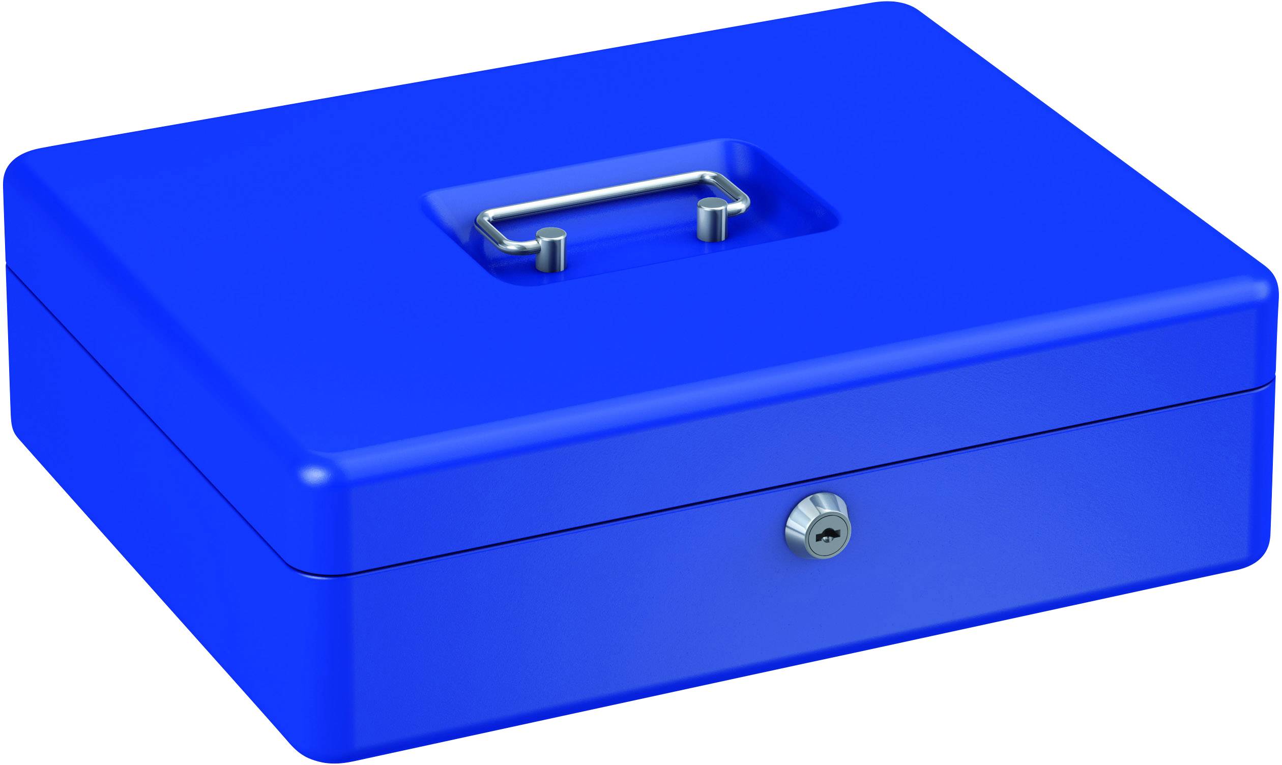 Blaue Geldkassette mit Tragegriff und Schloss auf der Vorderseite, auf weißem Hintergrund.