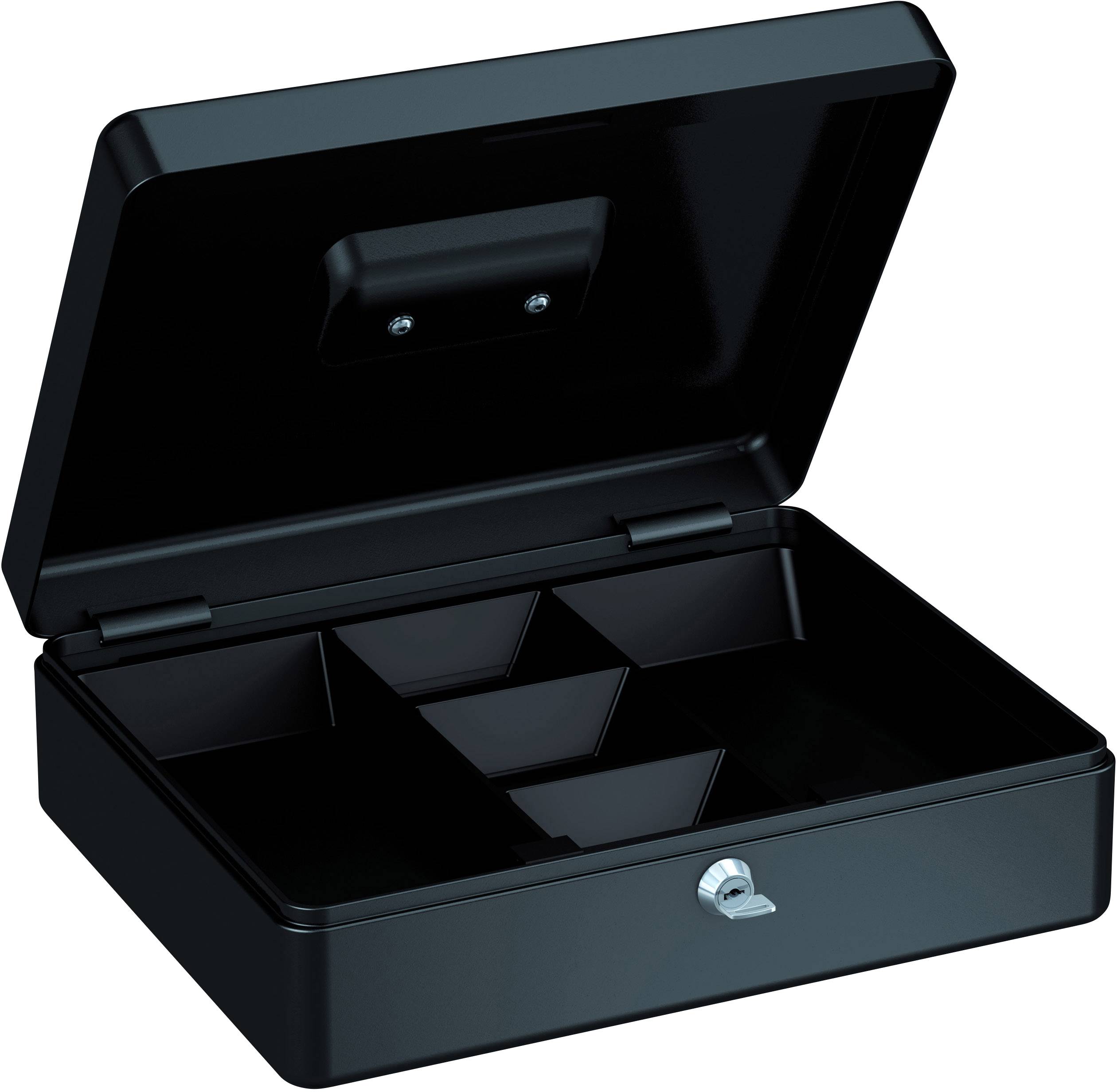 Schwarze Geldkassette mit offenem Deckel, zeigt sechs Fächer unterschiedlicher Größe für die Organisation von Münzen und Scheinen.