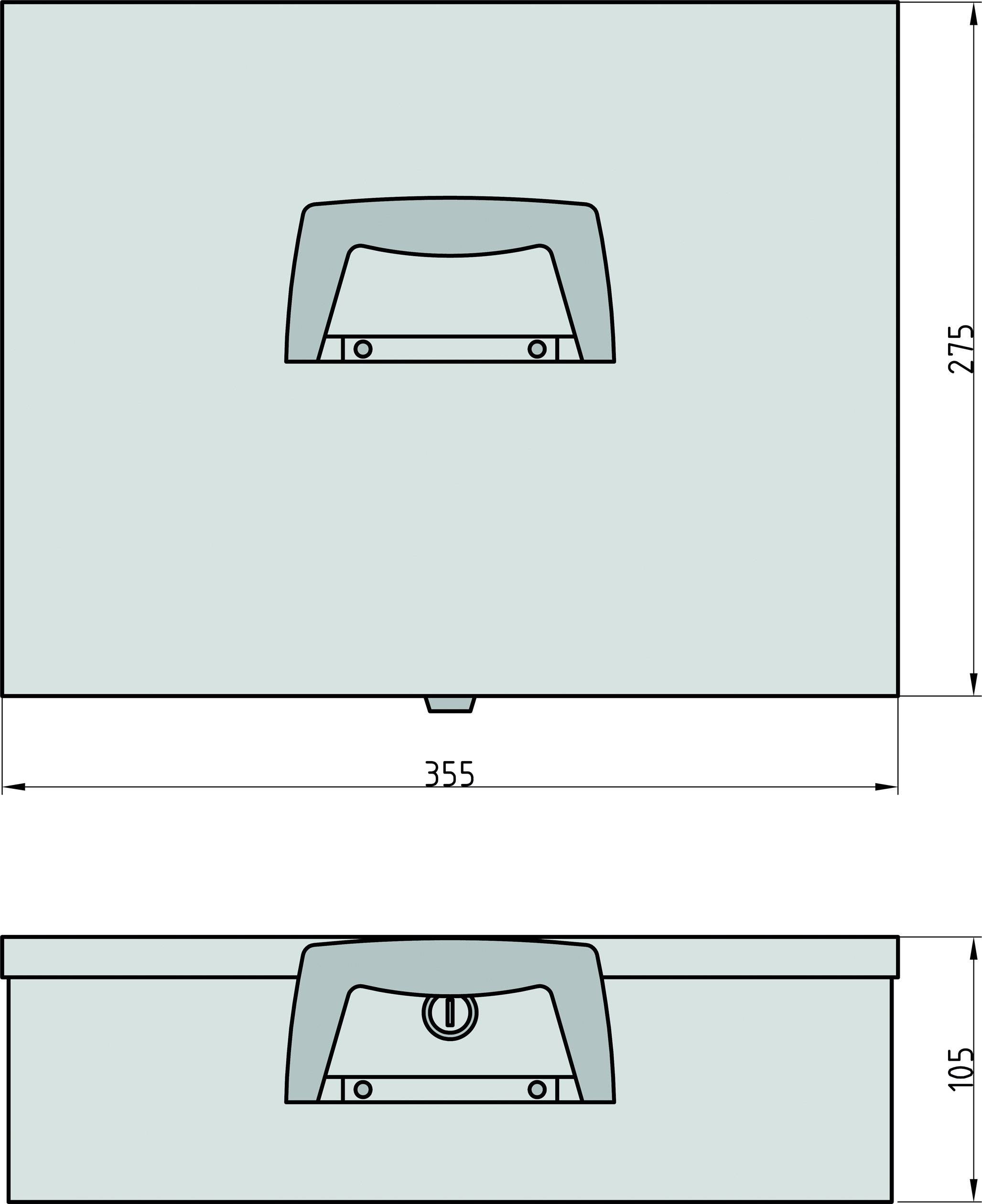 Die Zeichnung zeigt eine rechteckige Box mit einem Griff an der Vorderseite. Maße: Breite 355 mm, Höhe 275 mm, Tiefe 105 mm.