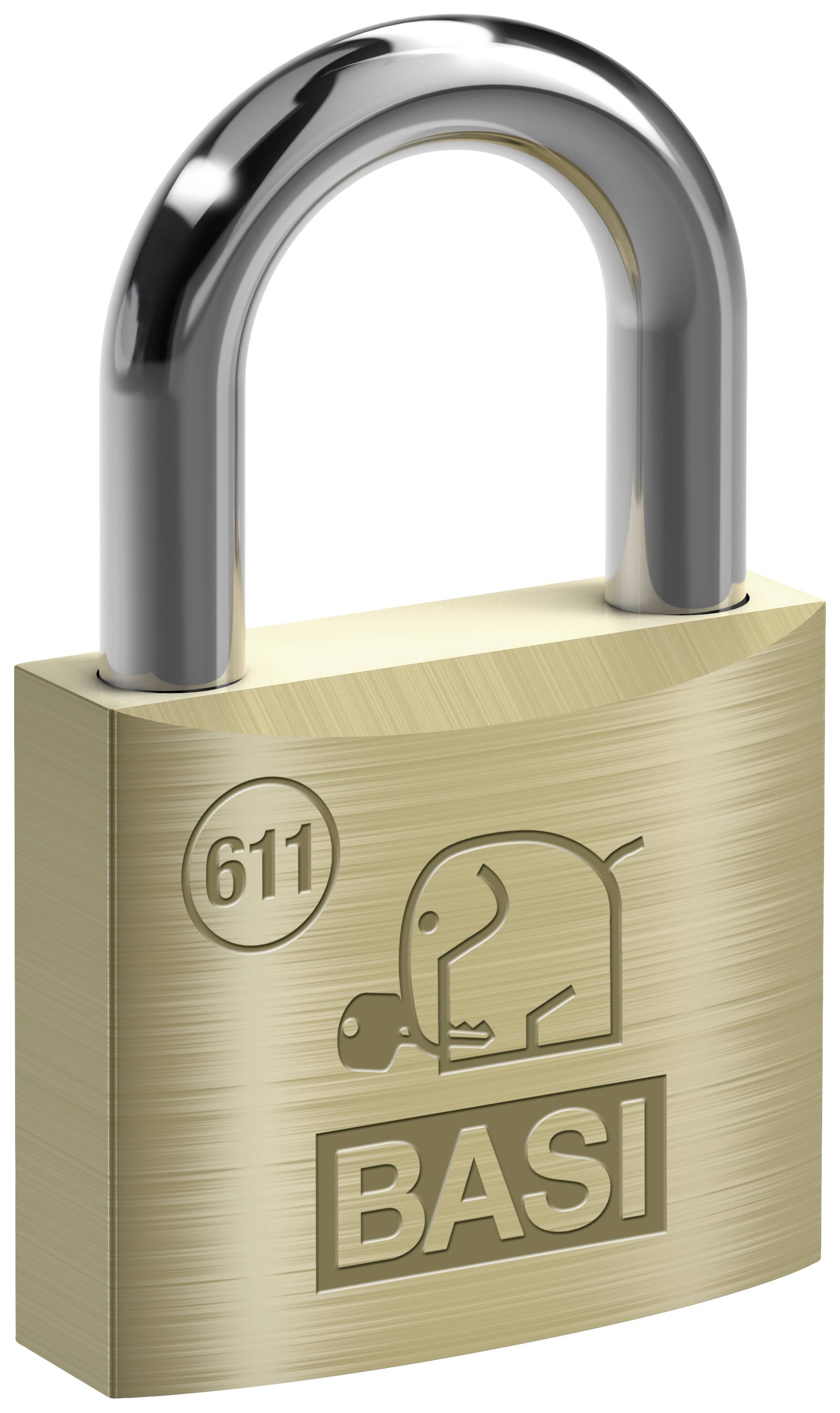 Vorhängeschloss aus Messing mit Gravur 'BASI' und einem Elefanten, Modellnummer 611, glänzender Bügel oben.