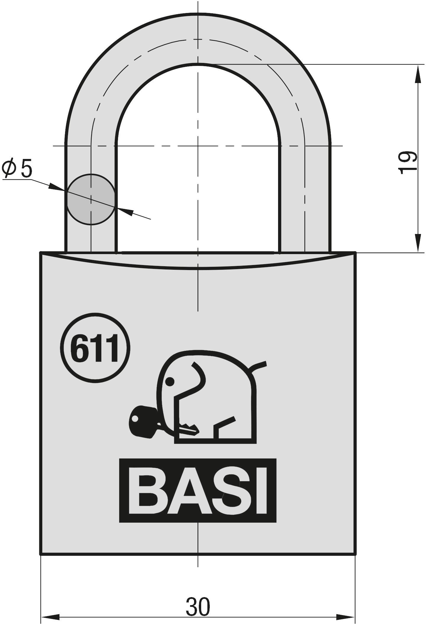 Abbildung eines Vorhängeschlosses der Marke 'BASI' mit dem Symbol eines Elefanten und der Zahl '611'. Maße: 30 mm Breite, Bügelhöhe 19 mm, Bügeldurchmesser 5 mm.