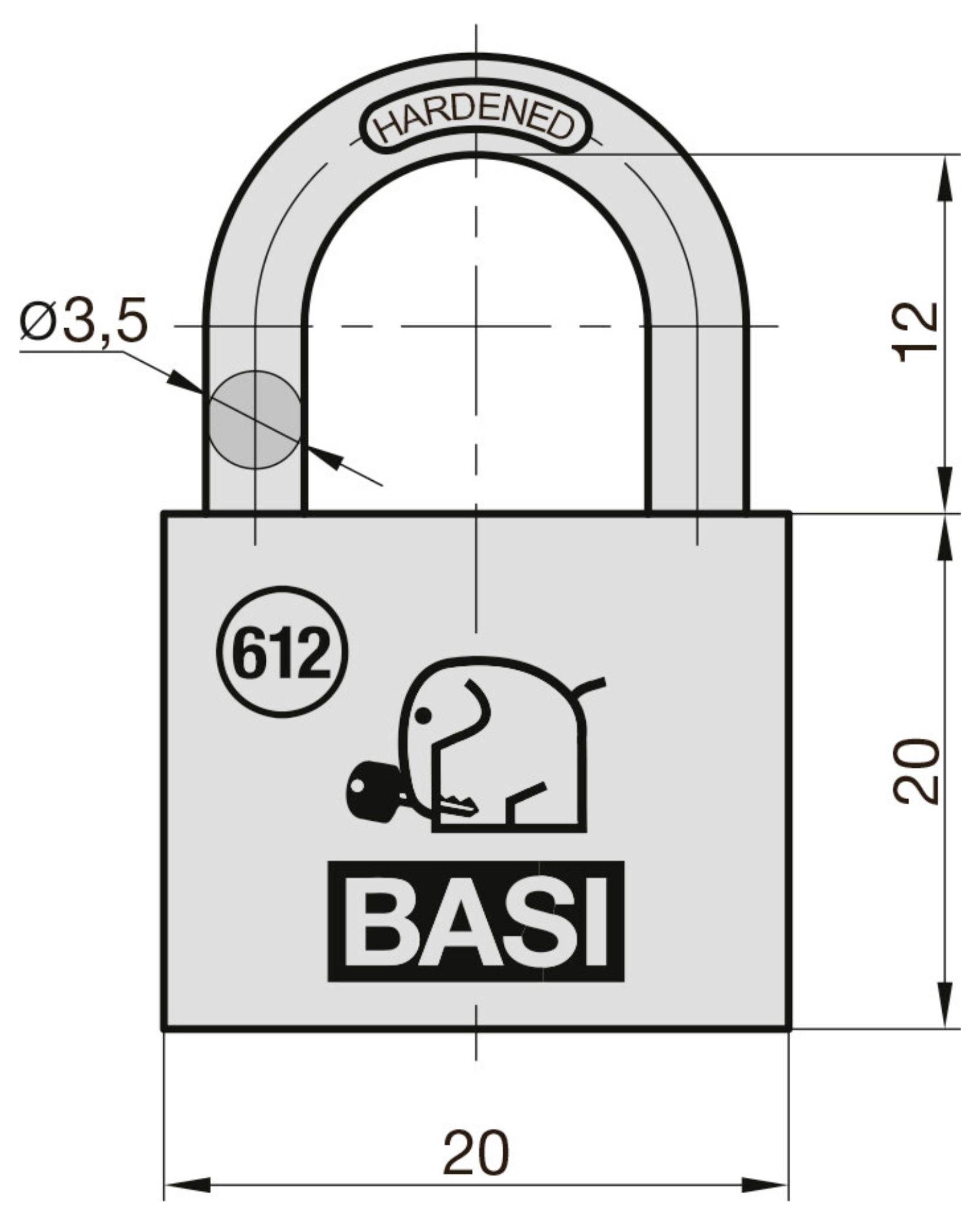 Diagramm eines Vorhängeschlosses mit Abmessungen. Der Schlosszylinder misst 20x20 mm, die Schackelhöhe beträgt 12 mm. Trägt das Logo 