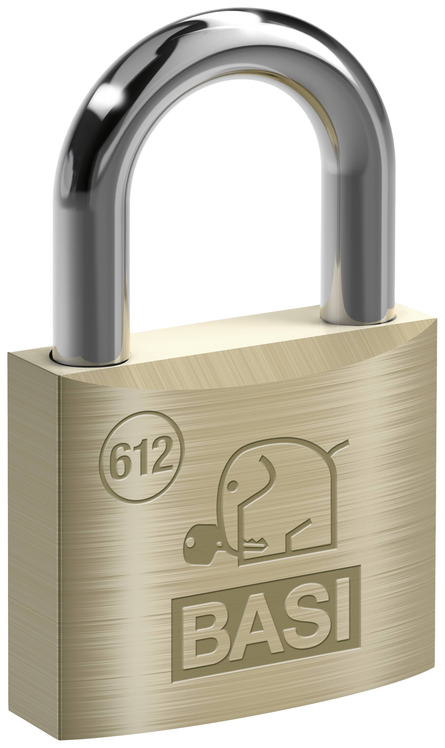 Ein Vorhängeschloss aus Metall mit der Aufschrift 'BASI 612' und einem Elefanten-Logo.