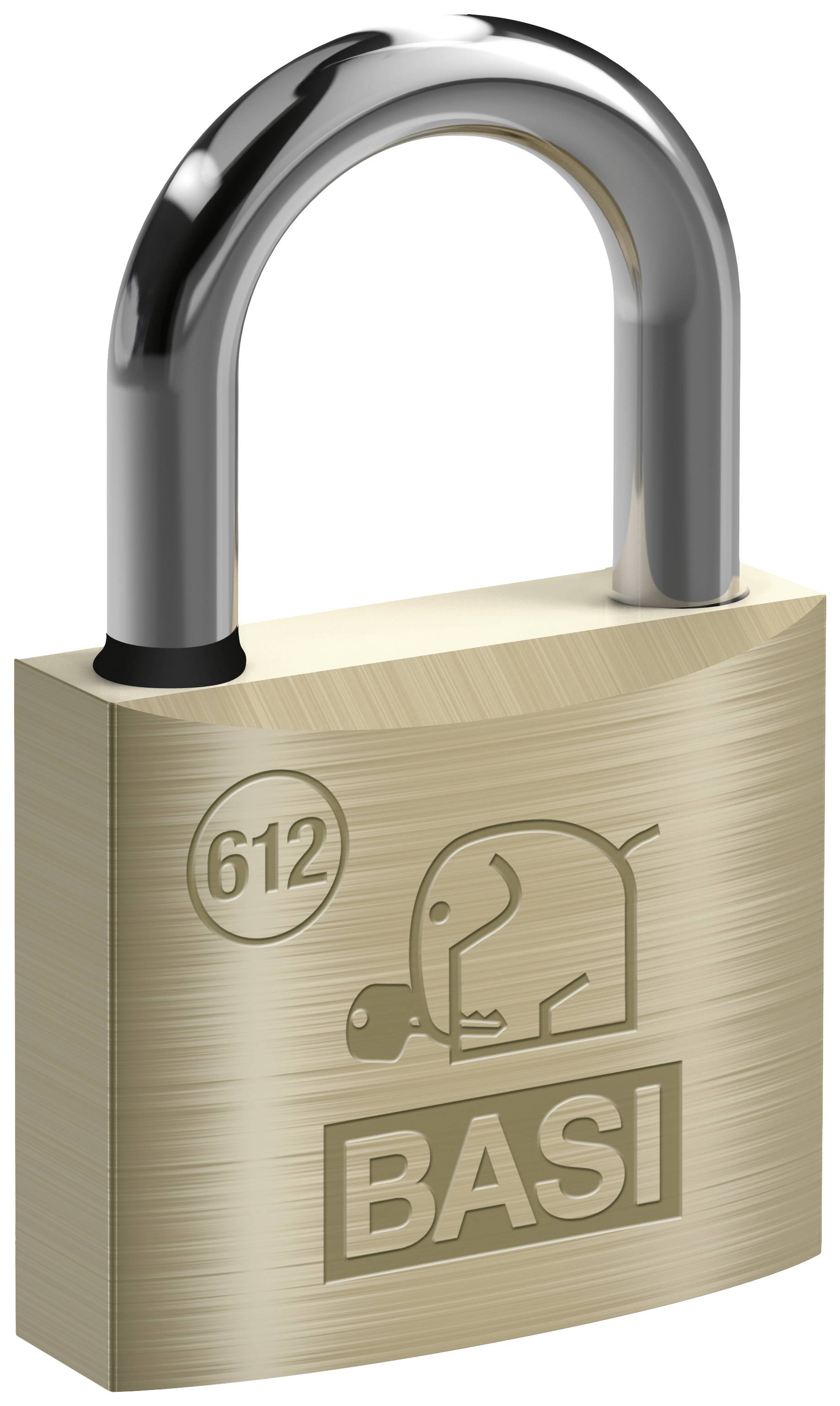 Vorhängeschloss aus Messing mit Stahlschäkel, graviert mit 'BASI' und einem stilisierten Elefantensymbol. Modellnummer '612'.