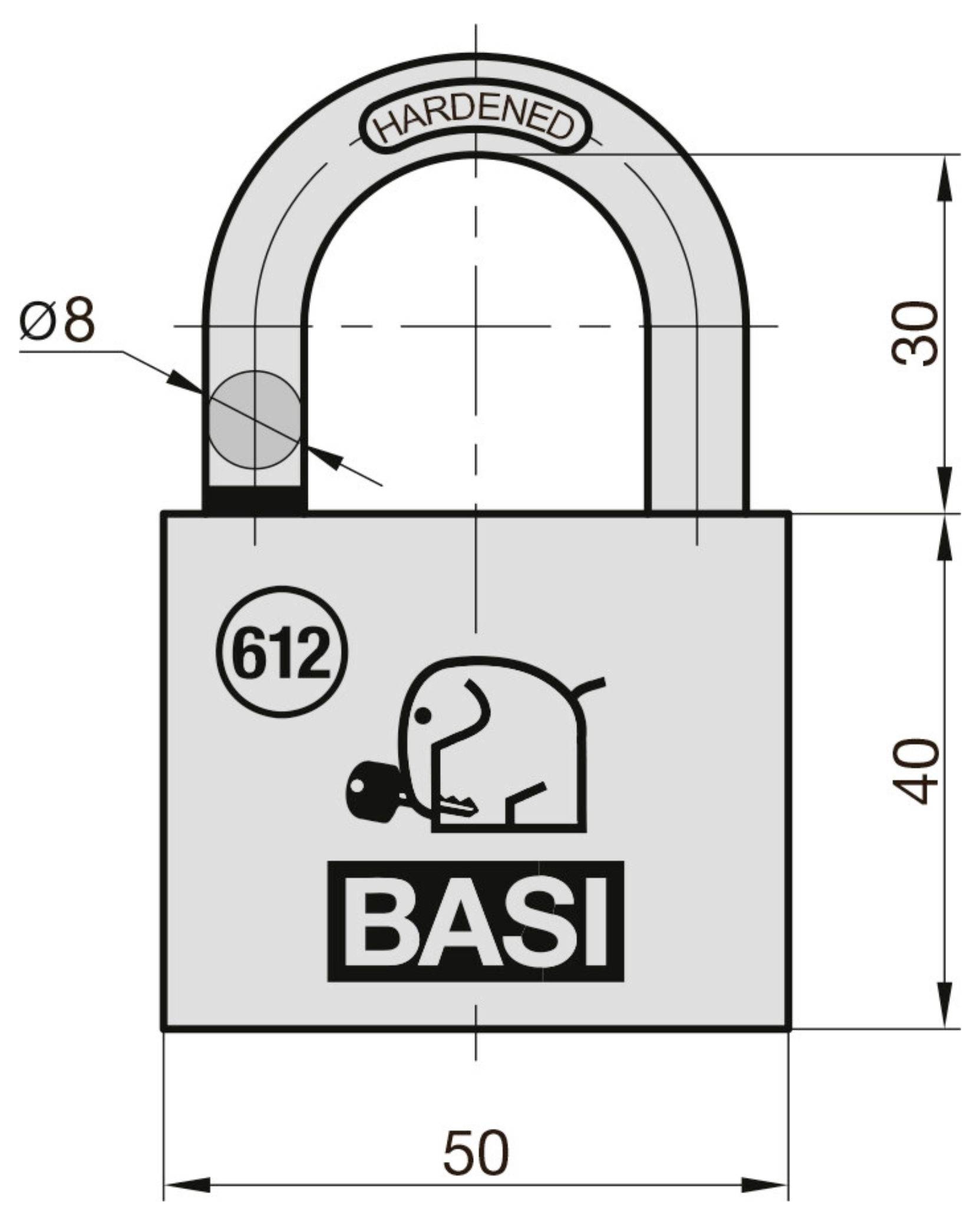 Ein Diagramm eines Vorhängeschlosses mit Maßangaben: 50mm Breite, 40mm Höhe für den Schlosshals, 30mm Höhe für den Bügel, 8mm Durchmesser des Bügels.