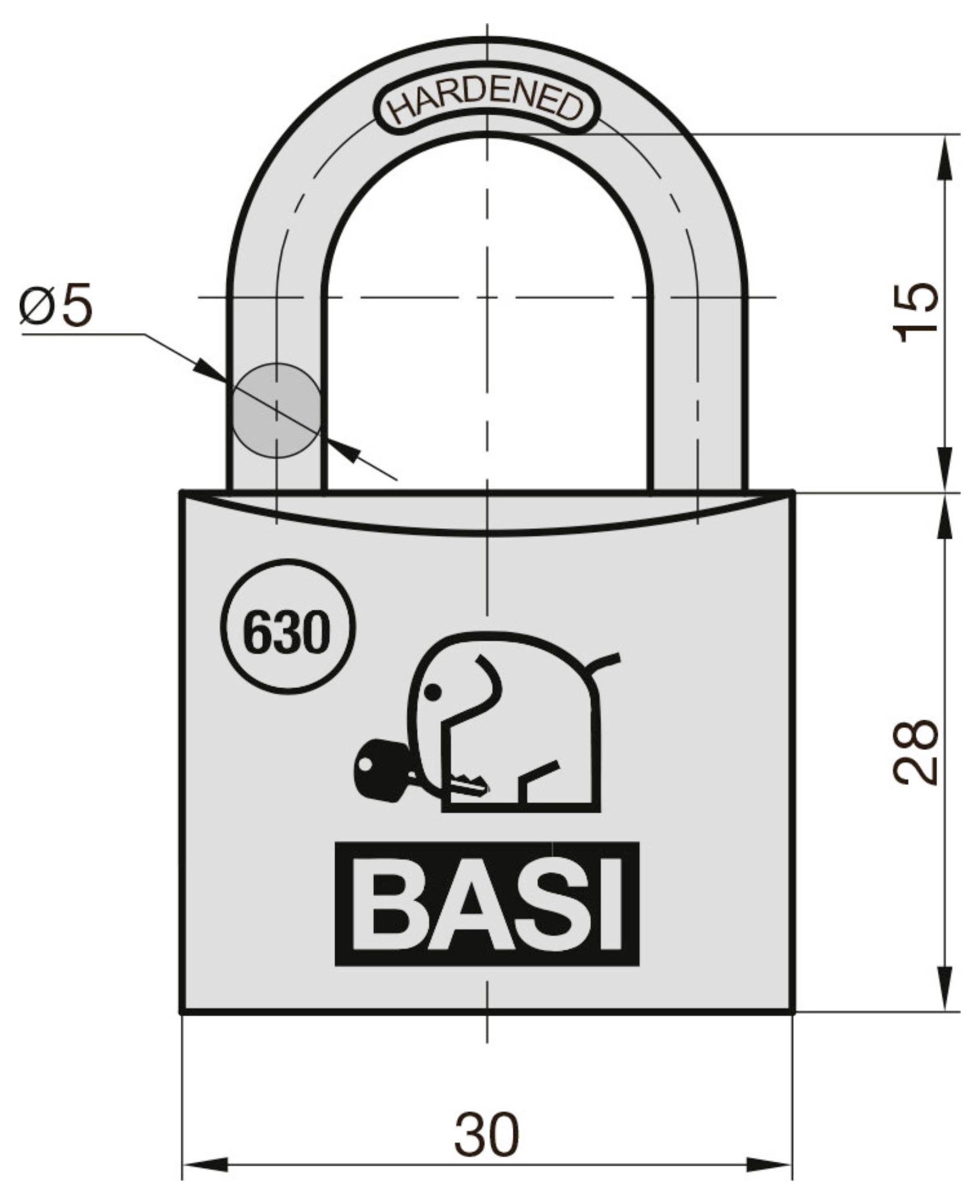 Technische Zeichnung eines gehärteten BASI-Vorhängeschlosses mit der Bezeichnung 630, mit 30 mm Gehäusebreite, 28 mm Gehäusehöhe, 15 mm Bügelhöhe und 5 mm Bügeldurchmesser.