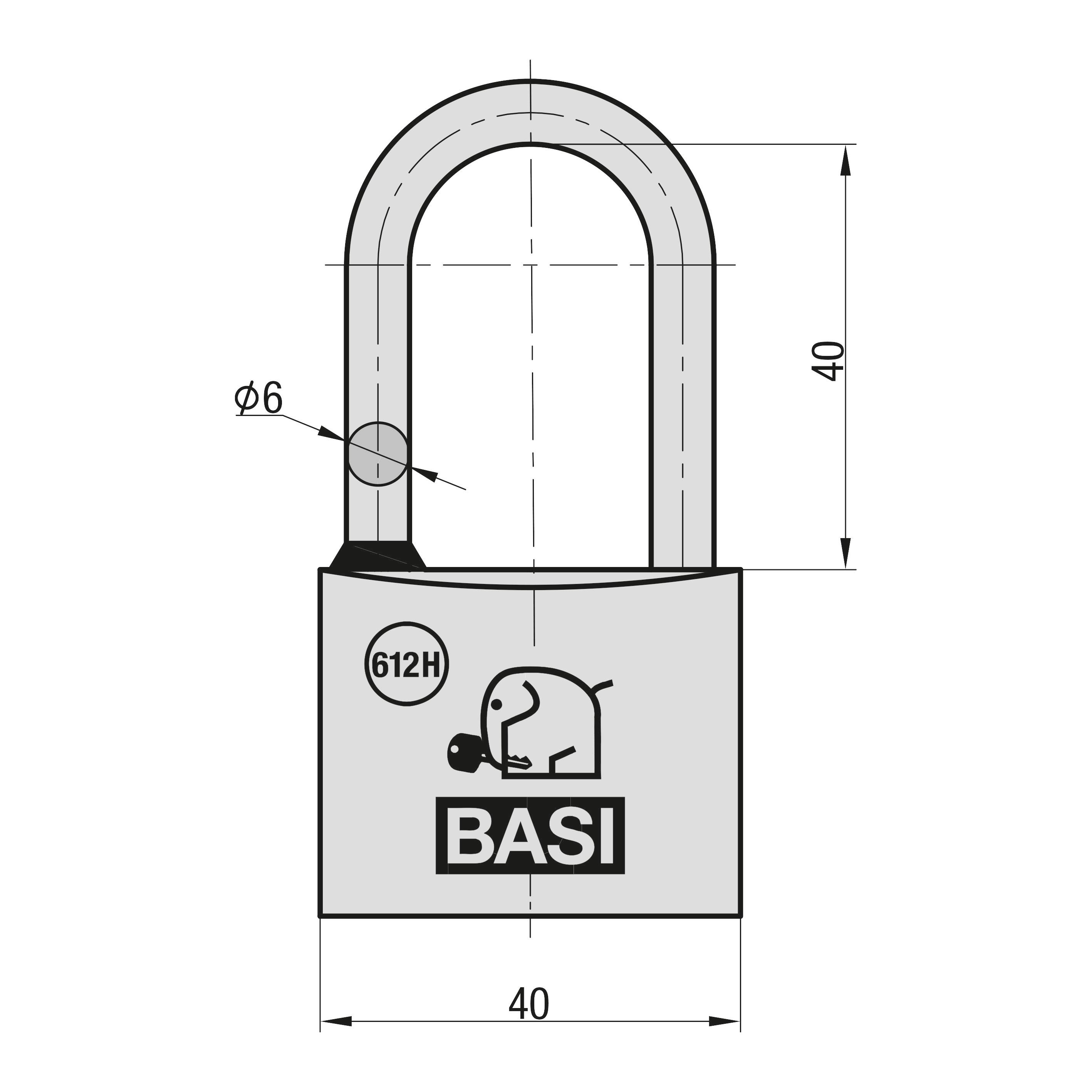 Vorhängeschloss-Schema mit Bemaßungen: 40 mm Höhe und Breite des Schlosskörpers, 6 mm Durchmesser des Bügels, Marke 'BASI'.