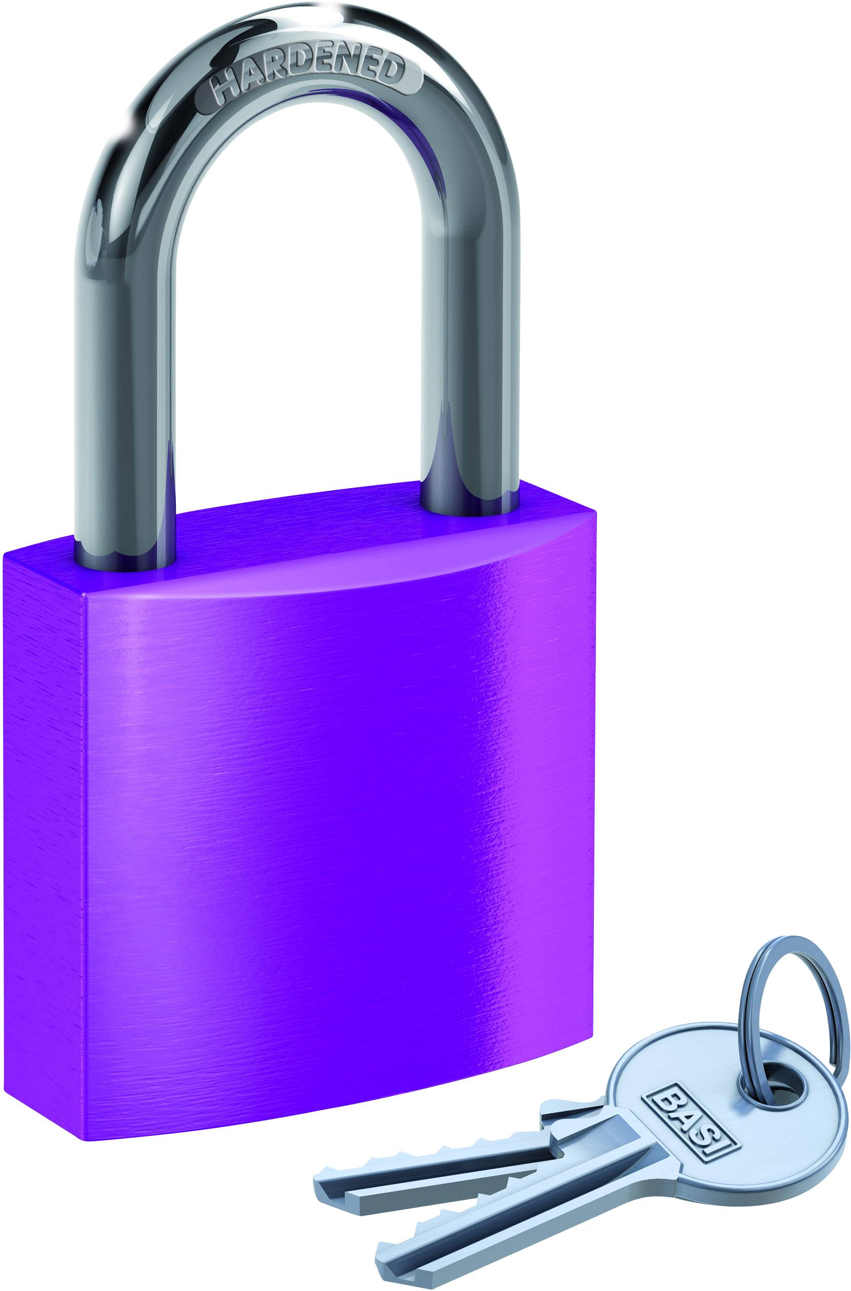 Lila Vorhängeschloss mit zwei Schlüsseln daneben, Silberfarbener Bügel.