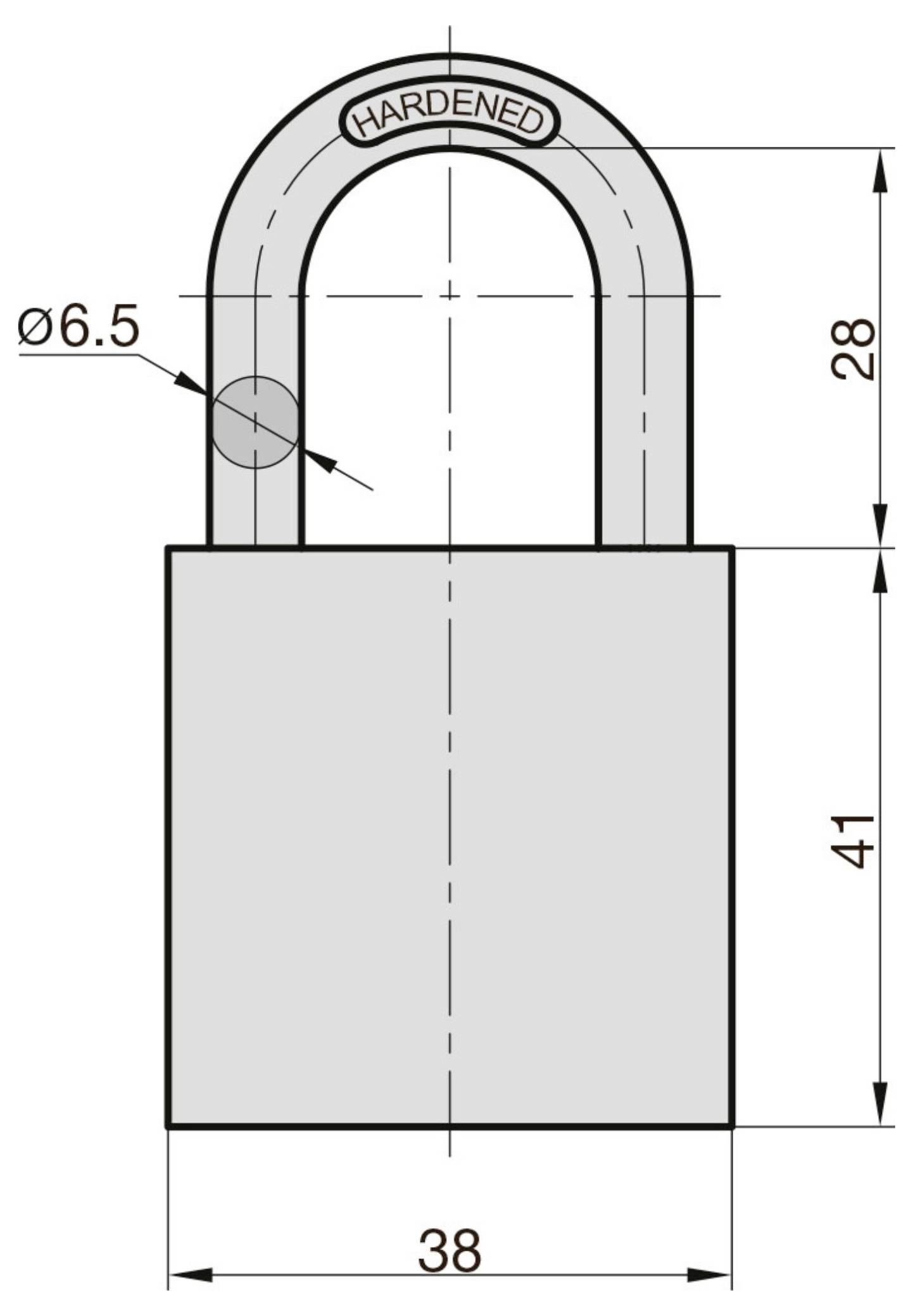 Diagramm eines Vorhängeschlosses mit Maßangaben. Die Bügelhöhe beträgt 28mm, die Breite 38mm und die Höhe des Schlosskörpers 41mm. Der Bügeldurchmesser beträgt 6,5mm.