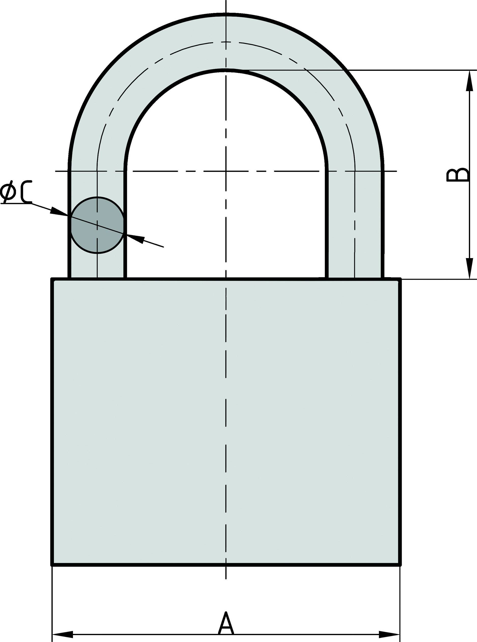 Abbildung eines Vorhängeschlossplans. Höhe 28 mm, Breite 38 mm, Bügeldurchmesser 6,5 mm, mit Maßlinien und Beschriftungen.