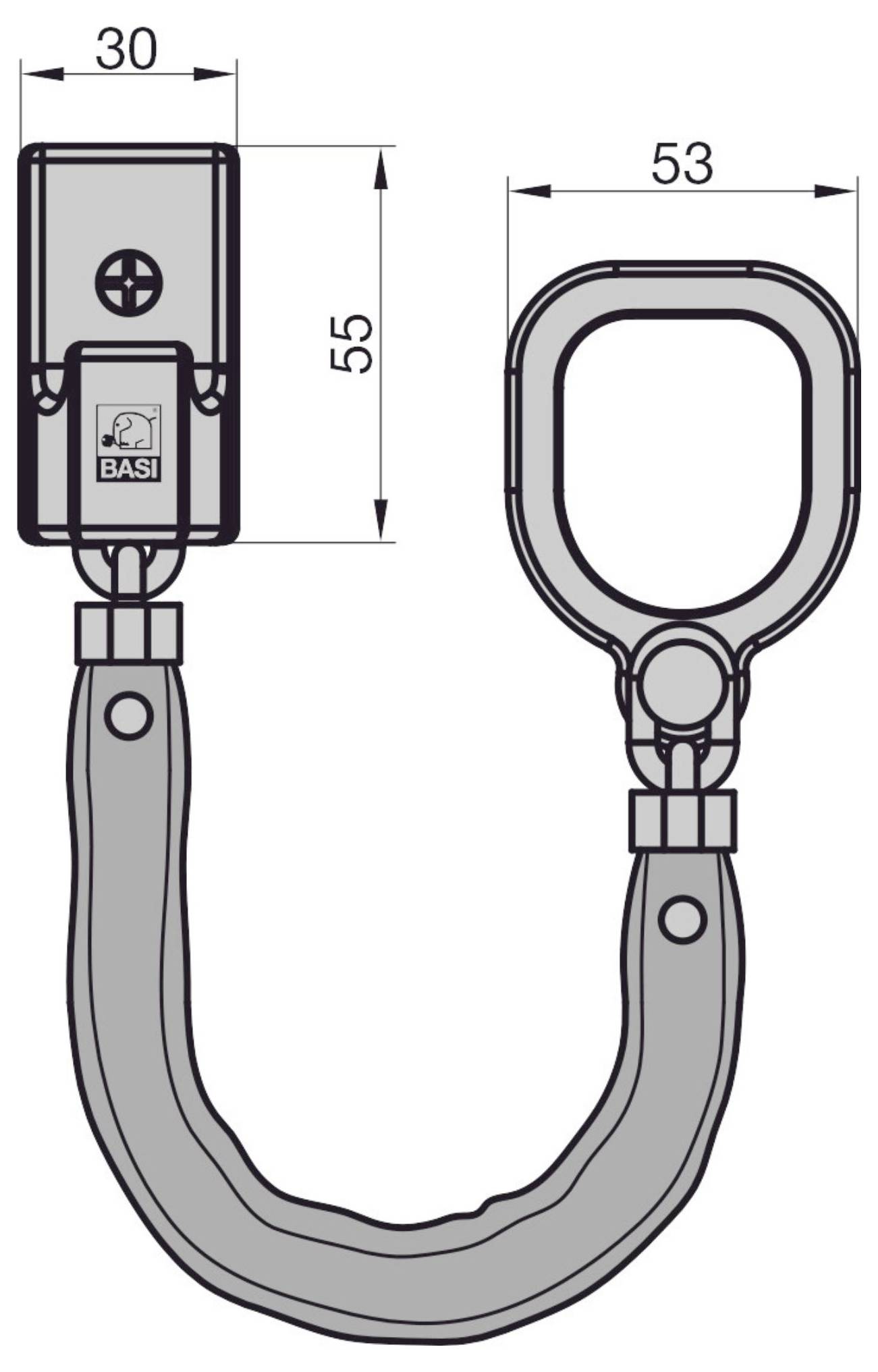 Ein Diagramm einer Türsicherheitskette mit beschrifteten Abmessungen: 30 mm Breite, 55 mm Höhe für die Basis und 53 mm Breite für das Kettenglied.