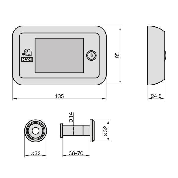 Maßzeichnung eines Türspions mit Digitalanzeige. Zeigt Außen- und Innenansicht mit Maßen: 135x85mm und 32mm Durchmesser.