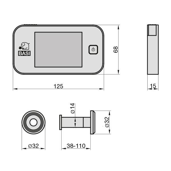 Abbildung eines digitalen Türspions mit Maßen: Breite 125 mm, Höhe 68 mm, Tiefe 15 mm. Objektivdurchmesser 32 mm, Länge 38-110 mm.