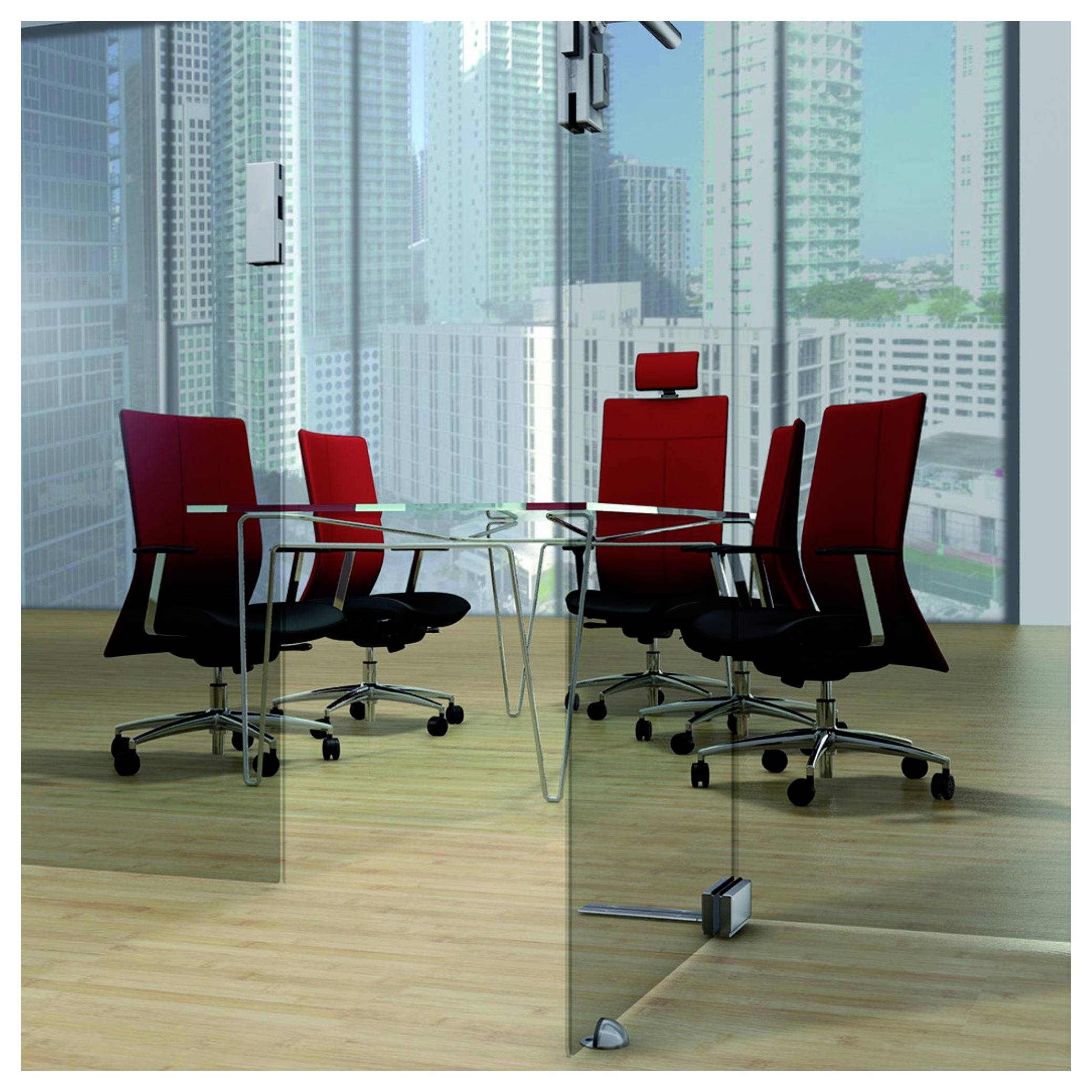 Ein moderner Konferenzraum mit Glastisch und fünf roten Bürostühlen. Große Fenster bieten Blick auf die Stadt.