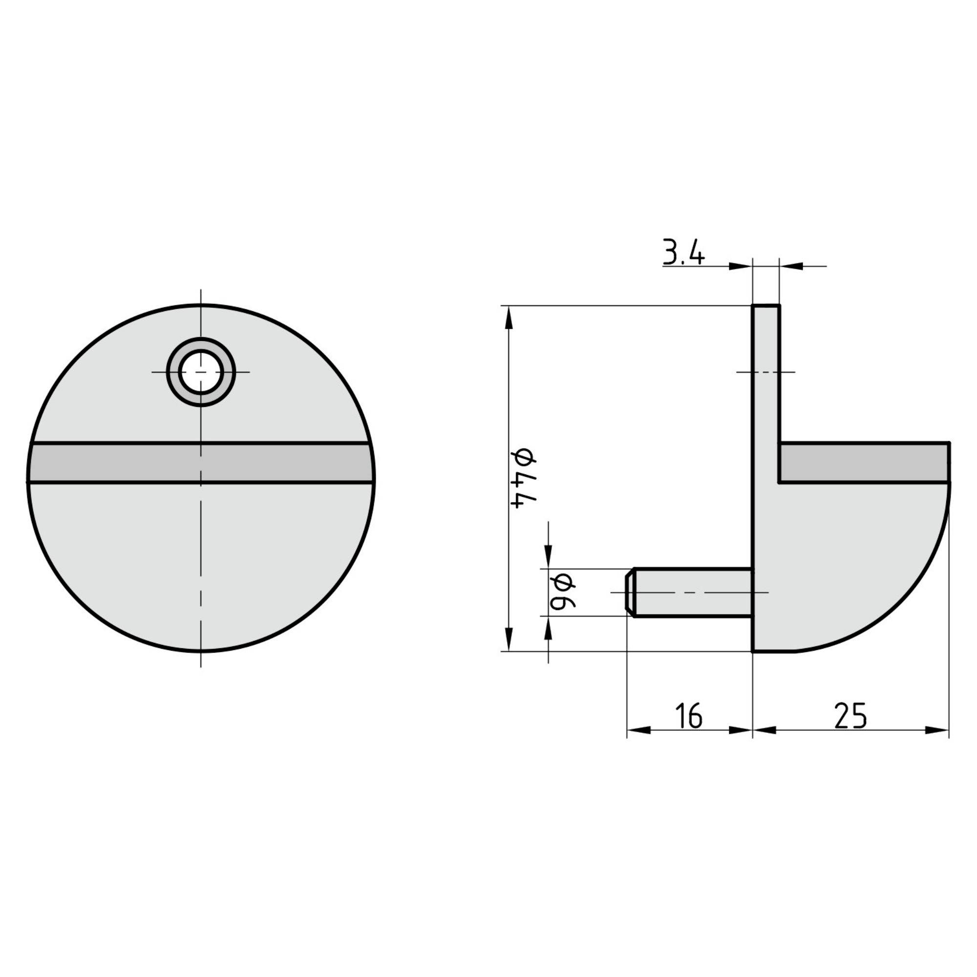 Technische Zeichnung einer Halterung in Seiten- und Vorderansicht mit markierten Maßen: 34 mm, 90° Winkel, 16 mm und 25 mm.