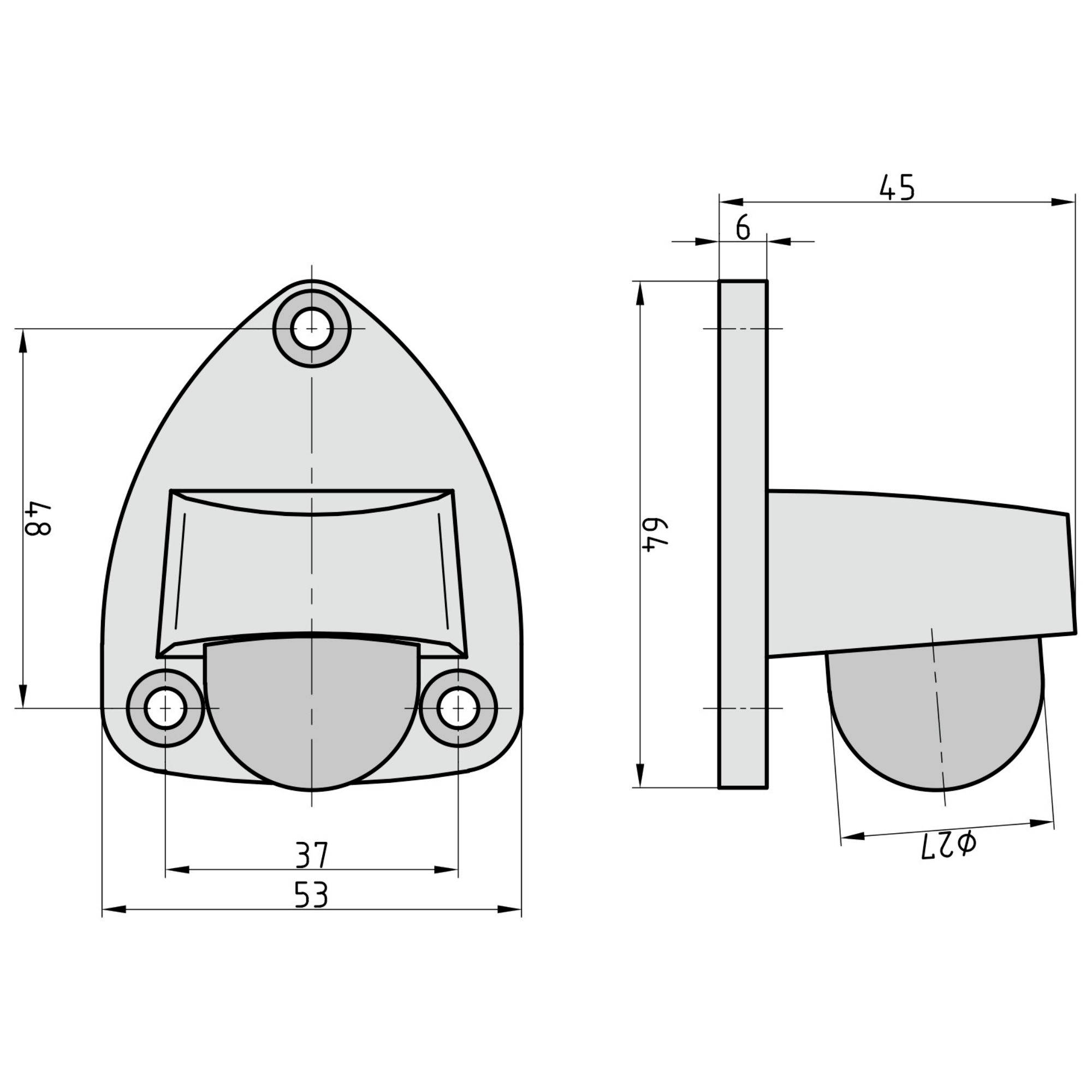 Technische Zeichnung eines Halterungsteils mit Abmessungen: 87x53 mm, seitliche Ansicht 64x45 mm, zeigt Befestigungslöcher und Öffnung.