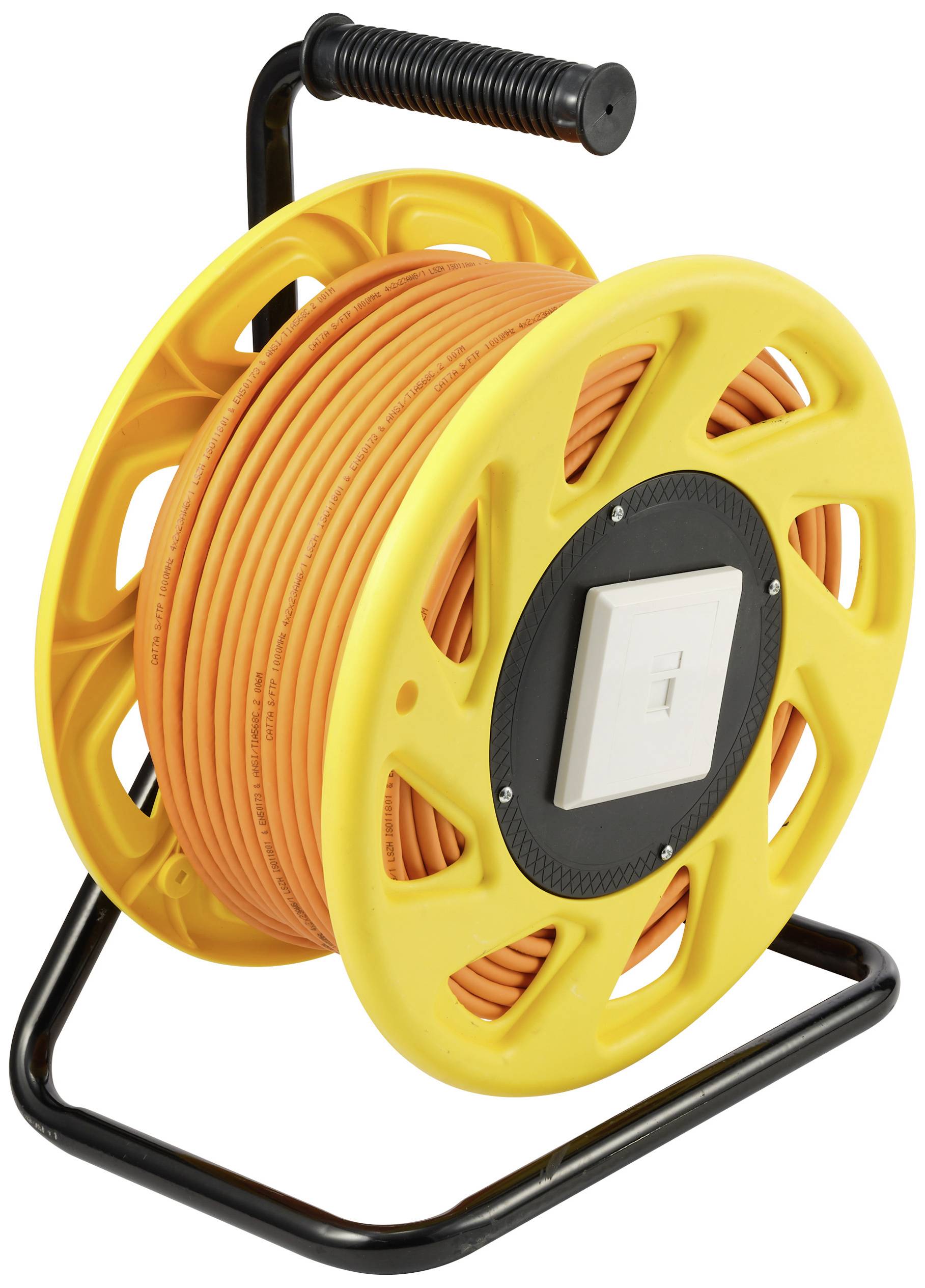 Eine gelbe Kabeltrommel mit langem, orangefarbenem Kabel, montiert auf einem schwarzen Metallgestell.