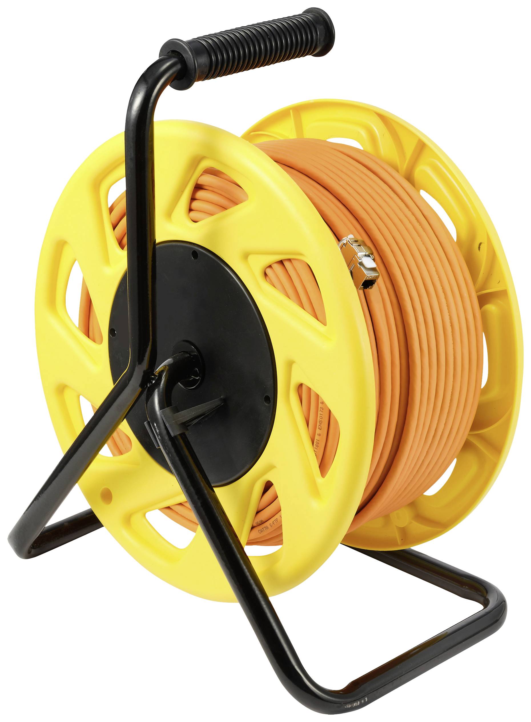 Gelbe Kabeltrommel mit schwarzem Griff, orangefarbenem Kabel auf Stahlrahmen zum Aufspulen.