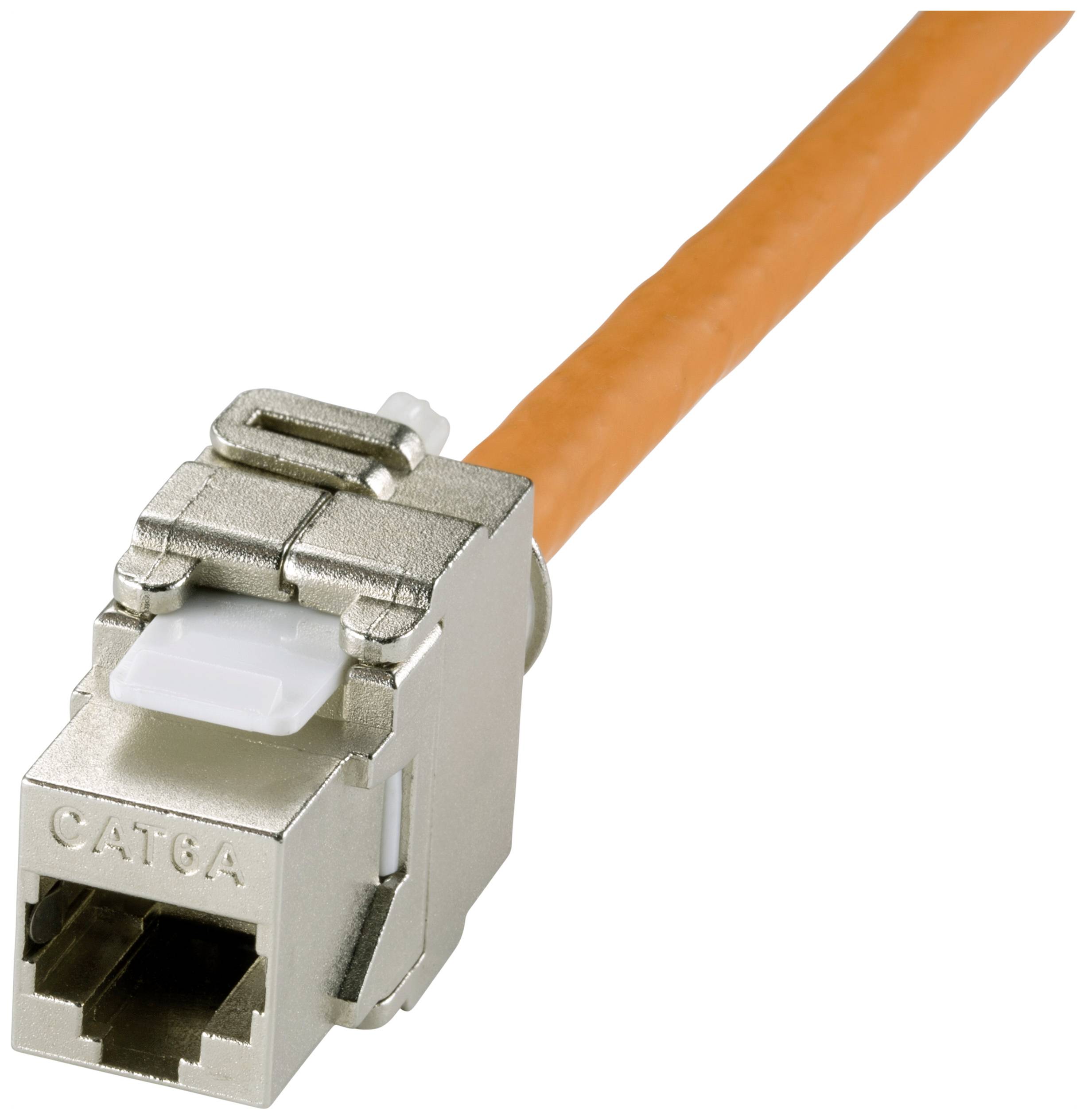 Ein CAT6A-Netzwerkkabel mit orangem Kabelansatz ist mit einem silbernen Metallstecker versehen, der für Hochgeschwindigkeitsverbindungen verwendet wird.